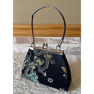 Mini Tiny Vintage Black Satin Brocade Evening Purse Metal Handle & Clasp Closure